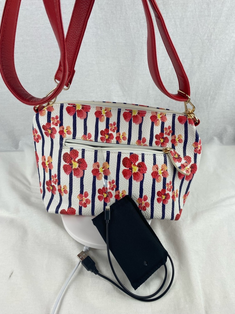 Floral Stripe Crossbody Bag with Red Straps and iPhone charger